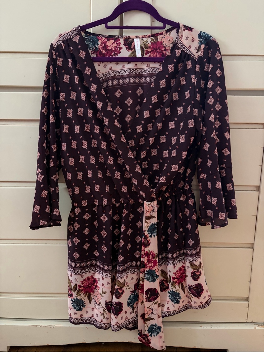 Xhilaration Plum Floral Border Wrap Dress with Blush Accents